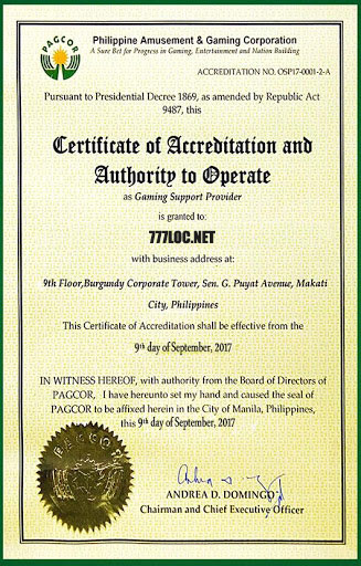 giấy chứng nhận Pagcor 777loc